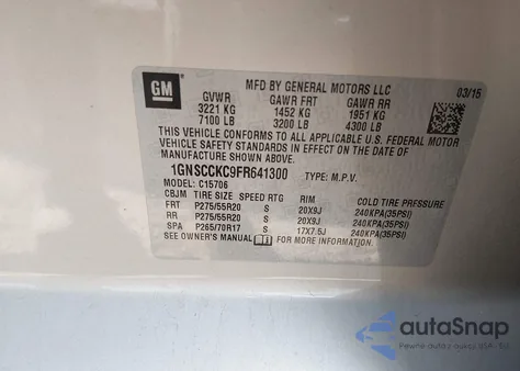 2015 Chevrolet Tahoe Ltz from USA, damaged, VIN 1GNSCCKC9FR641300